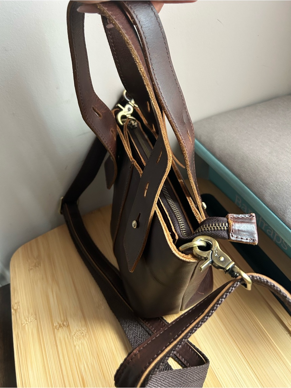 S-Zone Brown Canvas Genuine Leather Handbag/Crossbody w/ bag charm - Picture 3 of 11